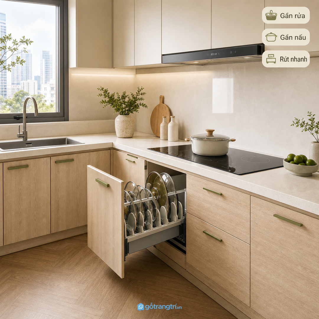 Đặt khoang nắp nồi theo tuyến rửa, nấu và úp khô