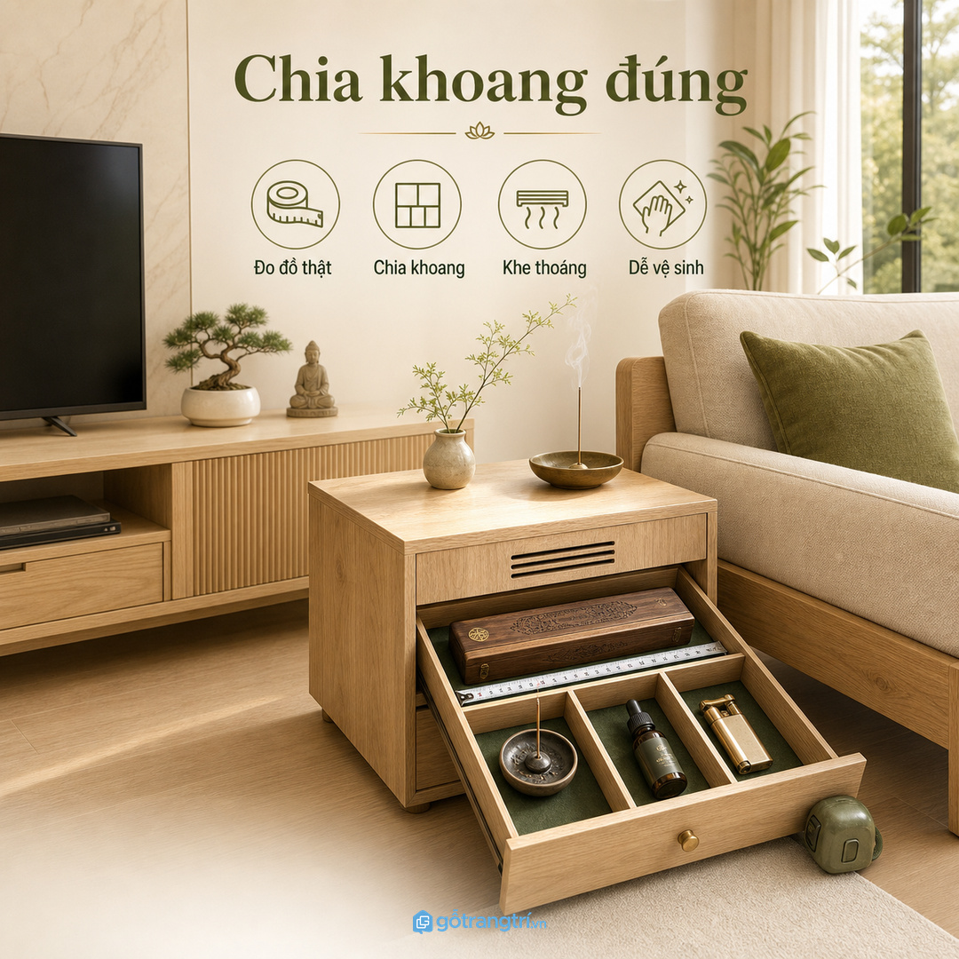 Đo hộp nhang, đĩa đốt, lọ tinh dầu và chiều sâu tủ trước khi đặt làm
