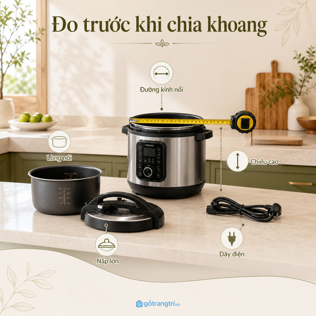 Đo nồi hấp, lòng nồi và van xả và phụ kiện hầm nấu trước khi chốt kích thước tủ