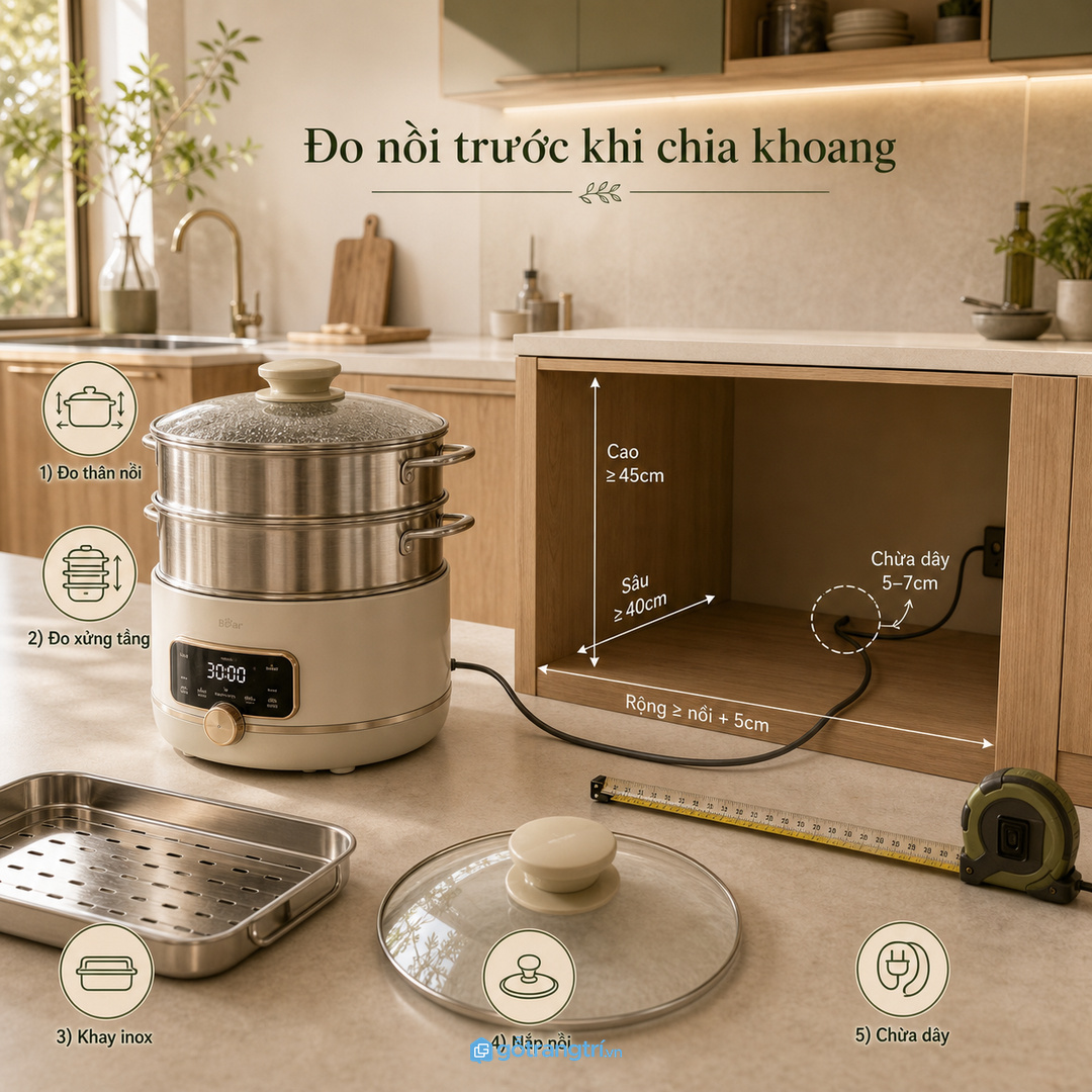Đo nồi hấp, xửng tầng và khay inox trước khi chốt kích thước tủ