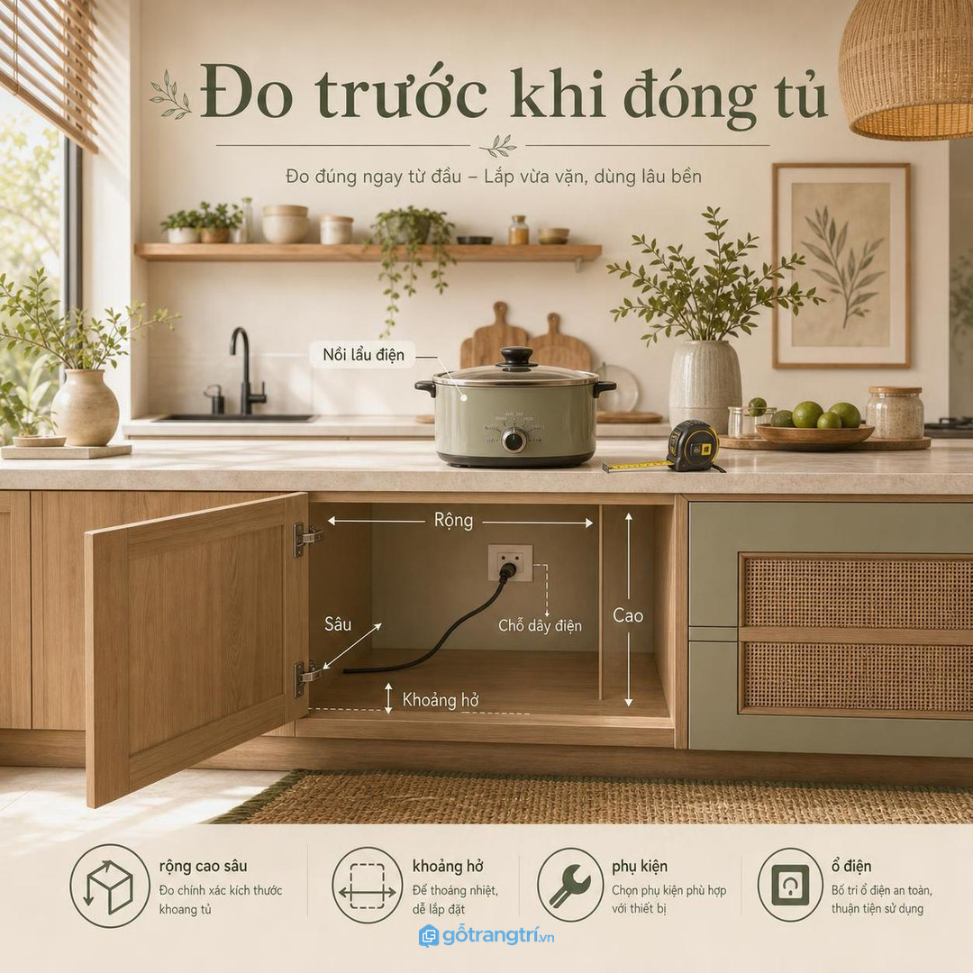 Đo nồi, dây, phụ kiện và khoảng hở trước khi đặt làm tủ