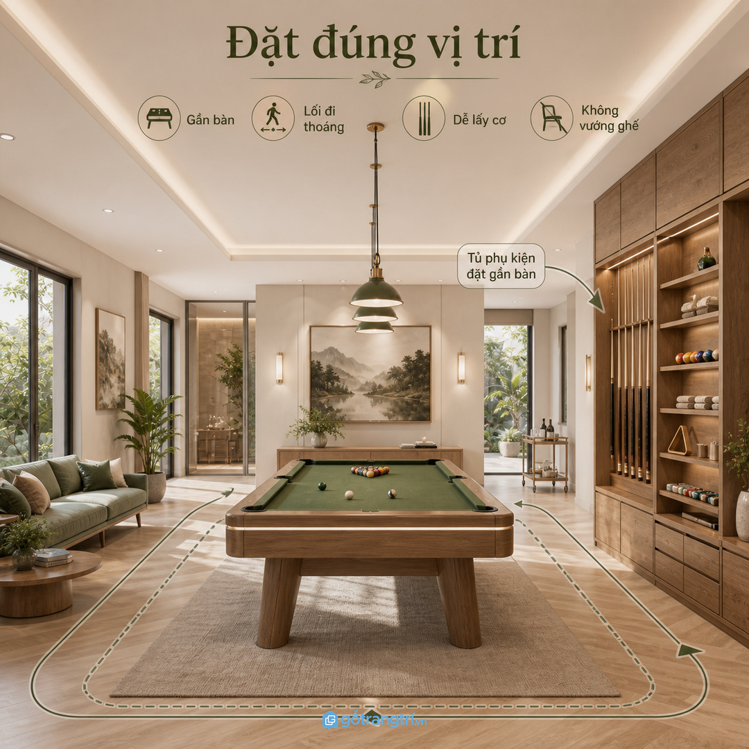 Vị trí tủ nên gần bàn chơi nhưng không cản đường đánh cơ