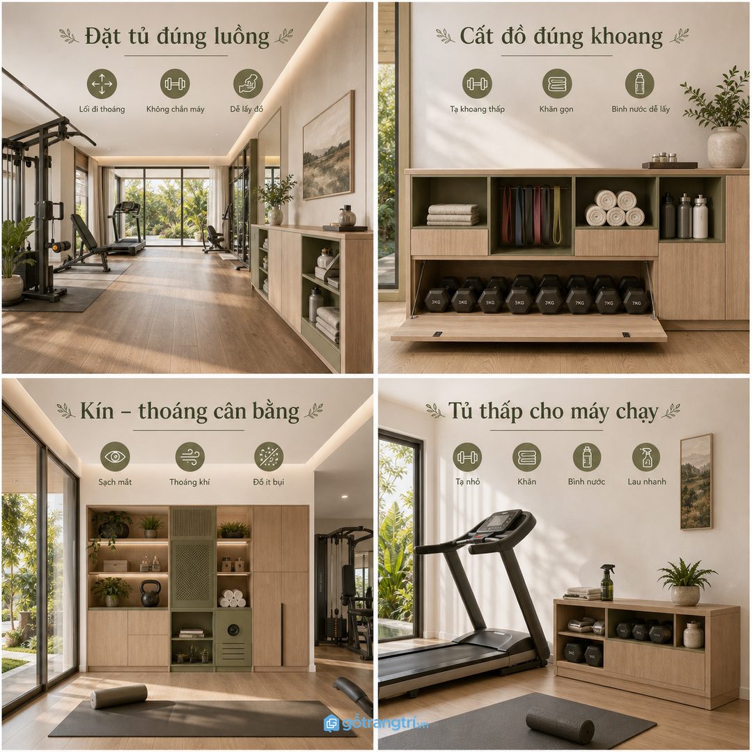 Tủ phụ kiện nên đặt sát luồng tập nhưng không chắn máy và lối đi