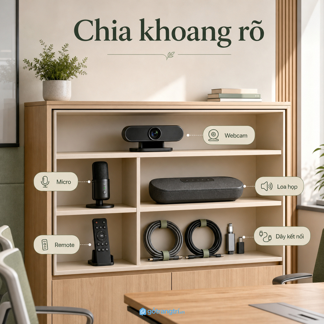 Chia khoang theo webcam, micro, loa họp, remote và dây kết nối
