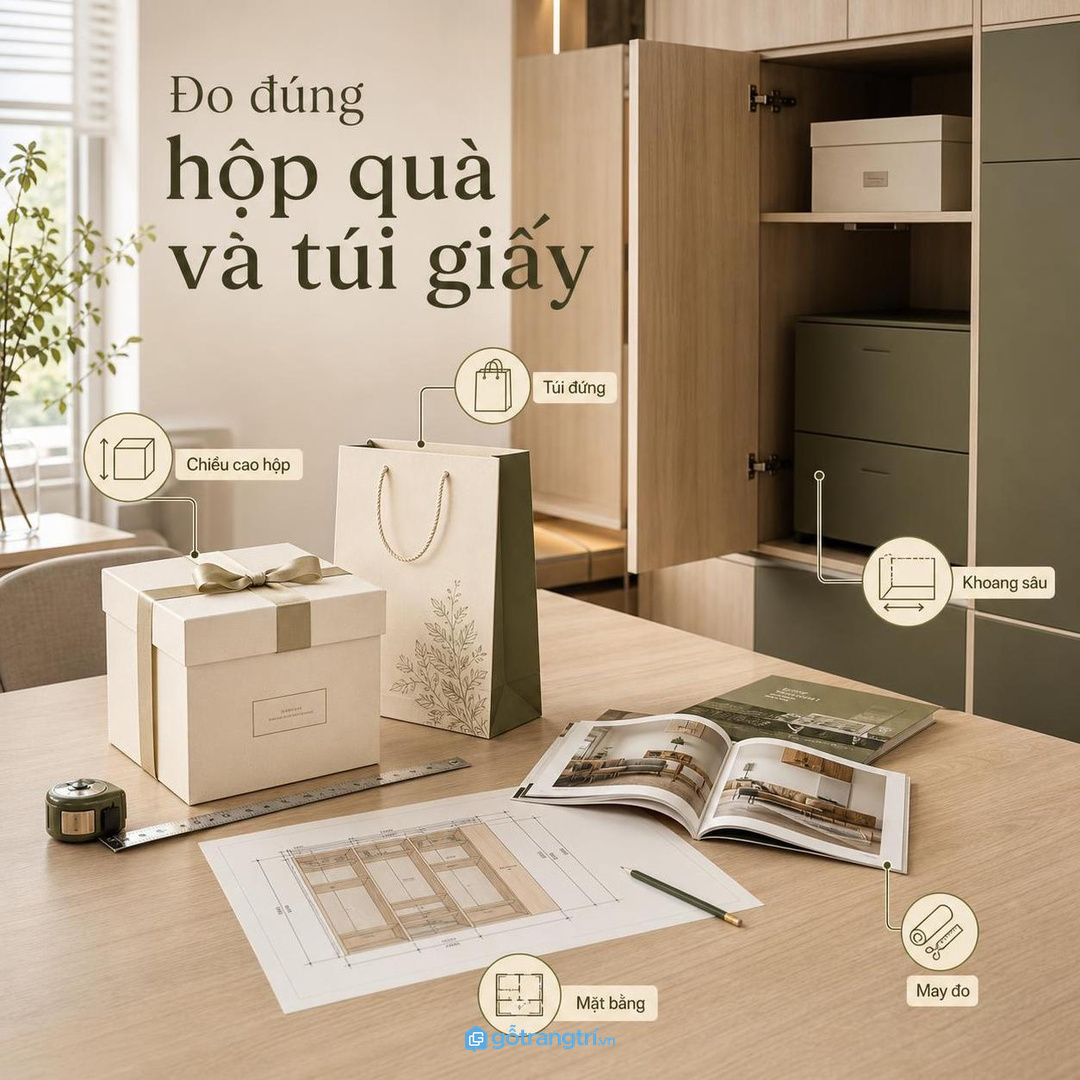 Đo kích thước hộp quà, túi giấy và số lượng trước khi chia khoang