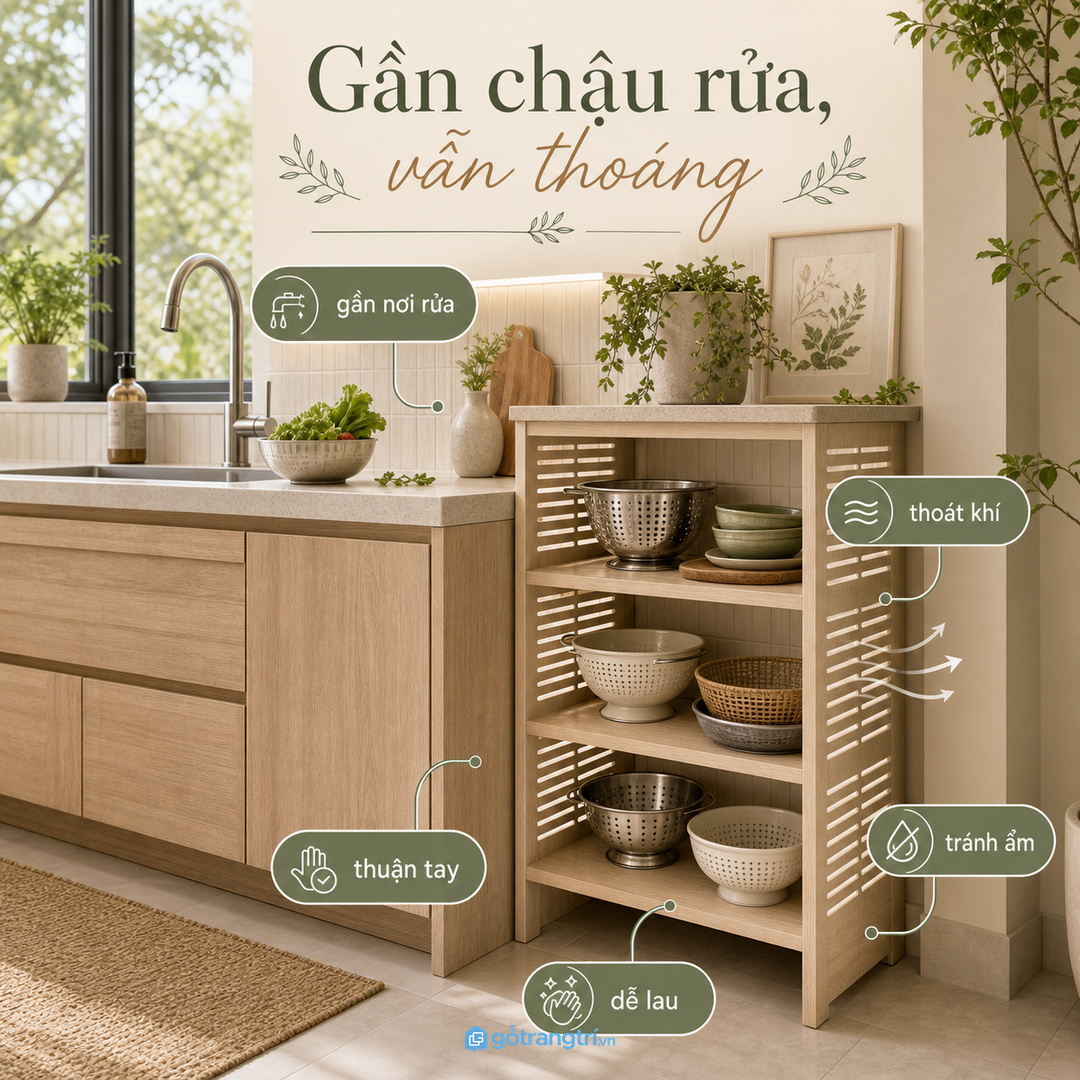 Đặt khoang rổ rá gần chậu rửa nhưng tránh chỗ bí ẩm