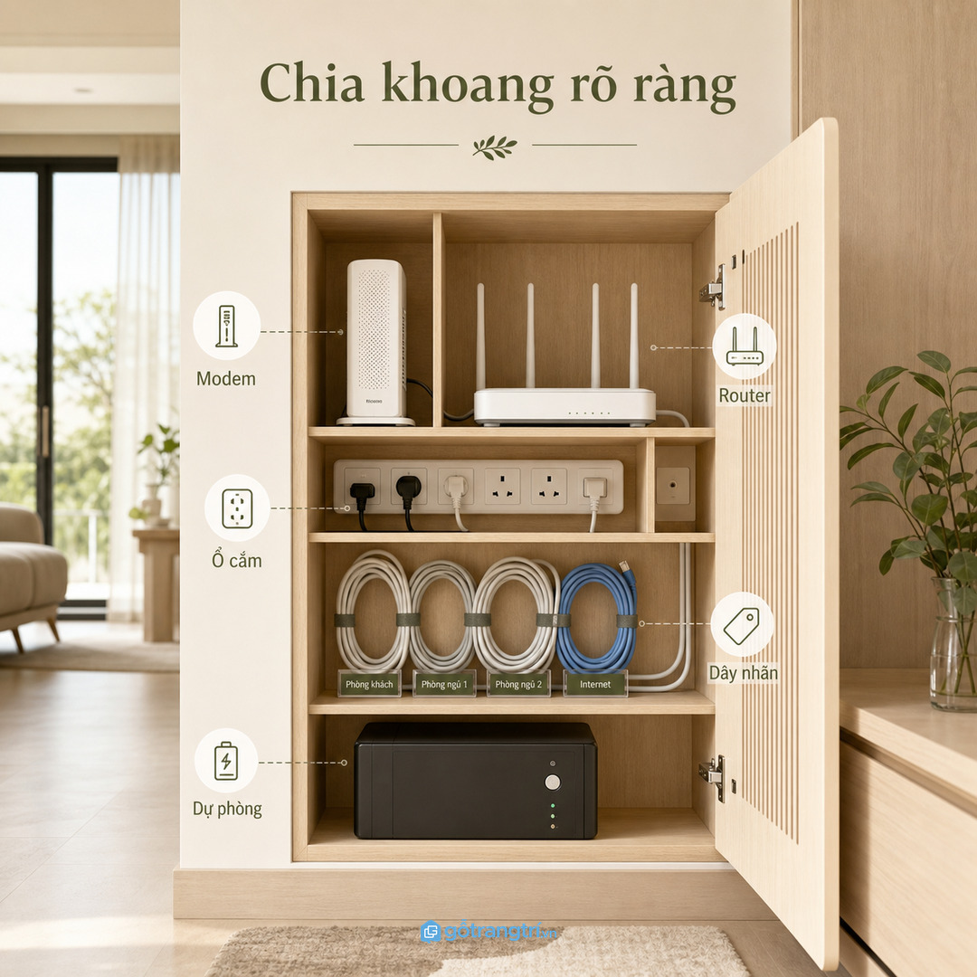 Chia khoang theo modem router ổ cắm dây mạng và thiết bị dự phòng