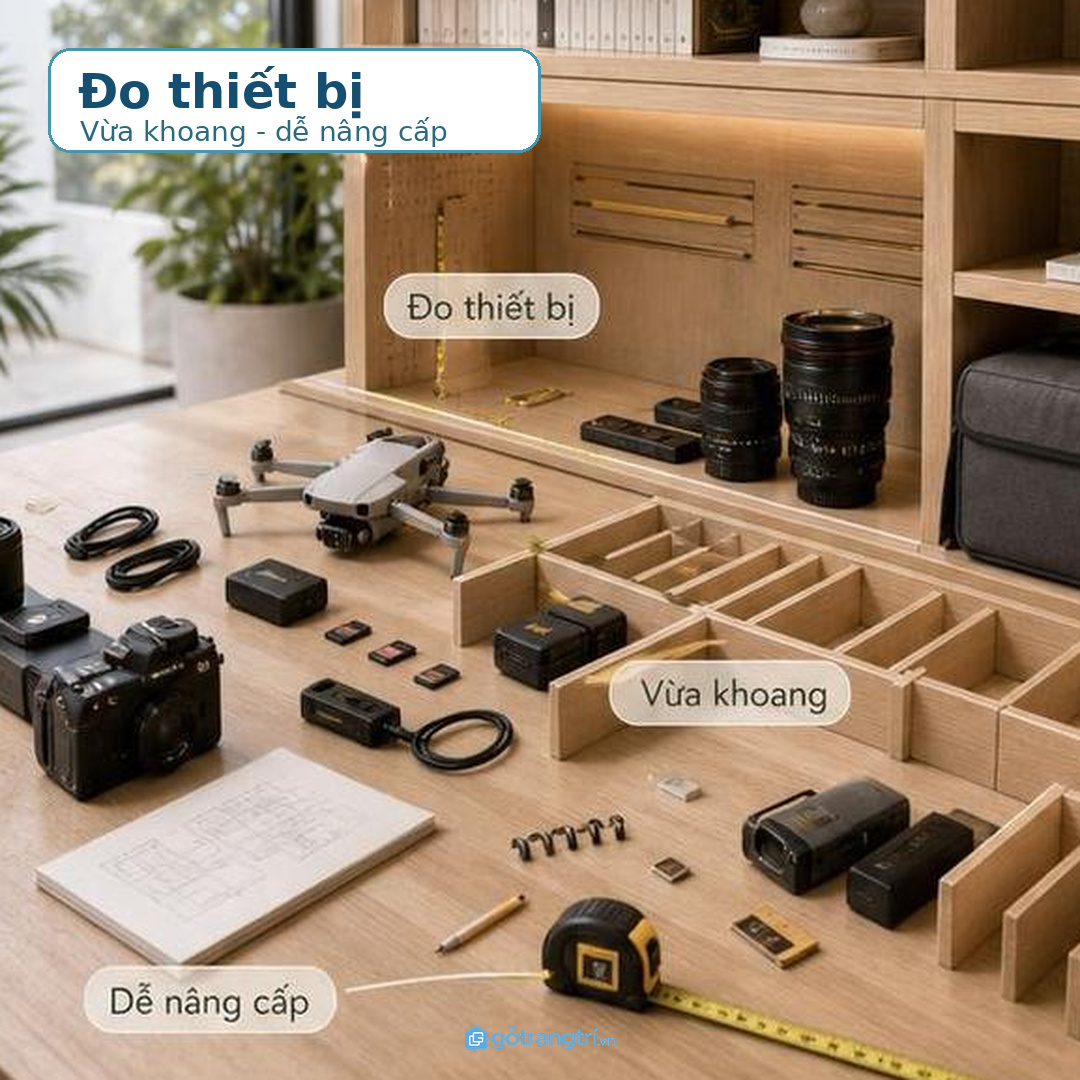 Đo drone máy ảnh lens pin sạc và túi trước khi chia khoang tủ