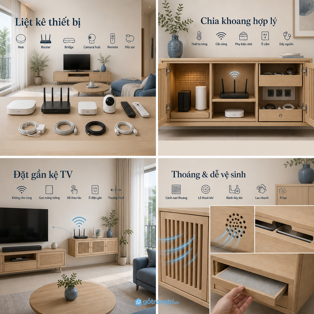 Liệt kê hub router bridge camera hub remote và dây sạc trước khi đặt tủ