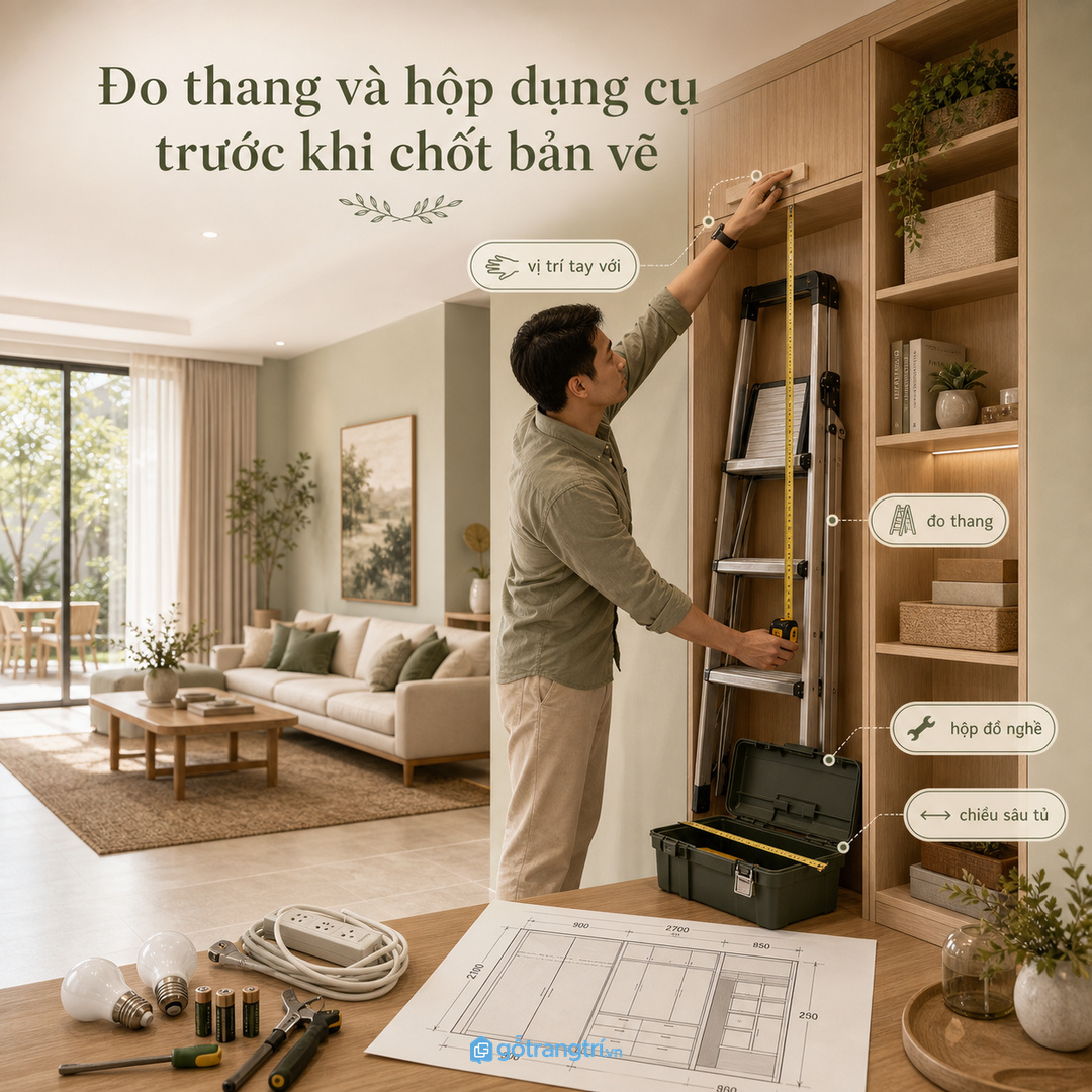 Đo thang và hộp dụng cụ trước khi chốt bản vẽ giúp tủ vừa đồ thật