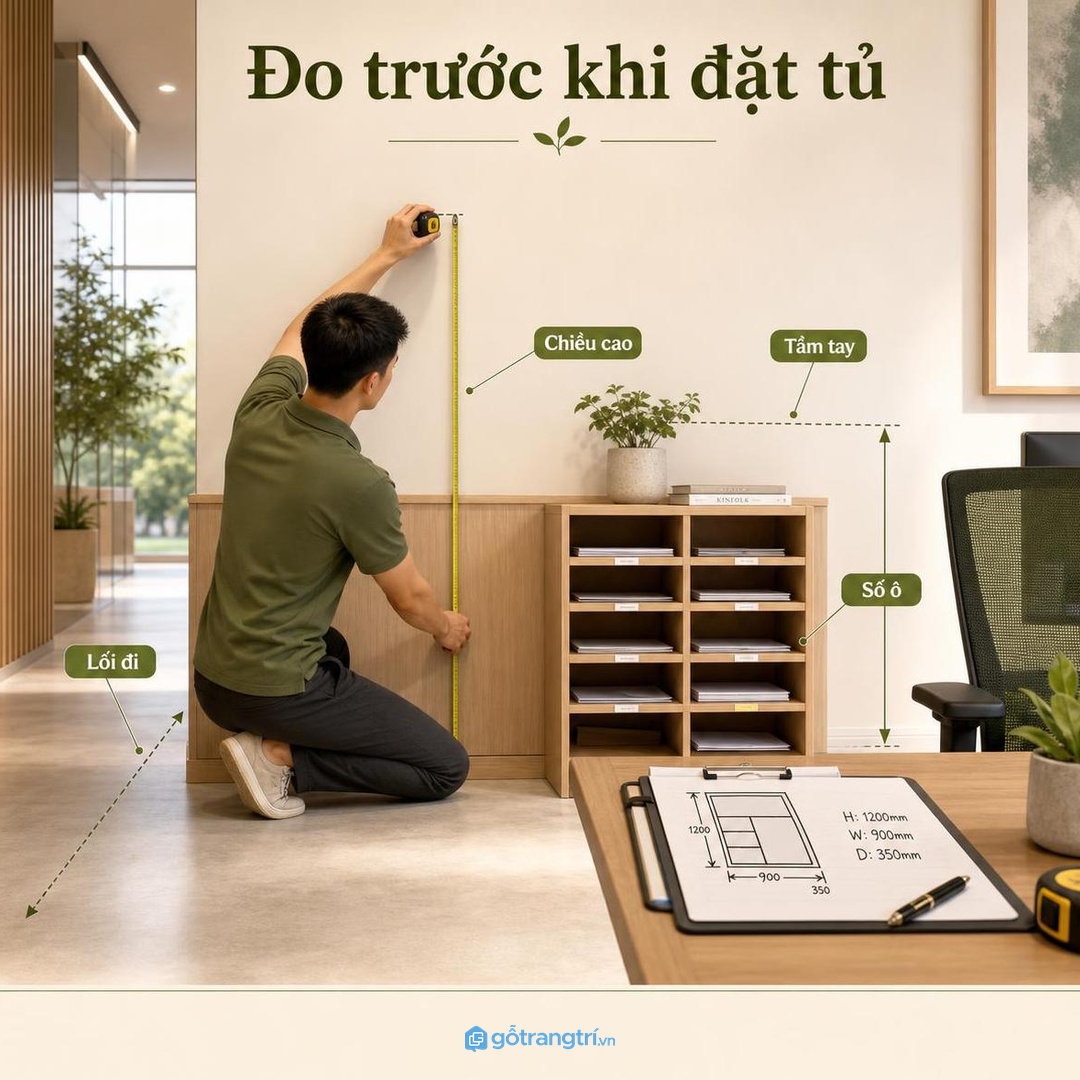 Đo vị trí, chiều cao và số ô trước khi đặt làm tủ thư nội bộ