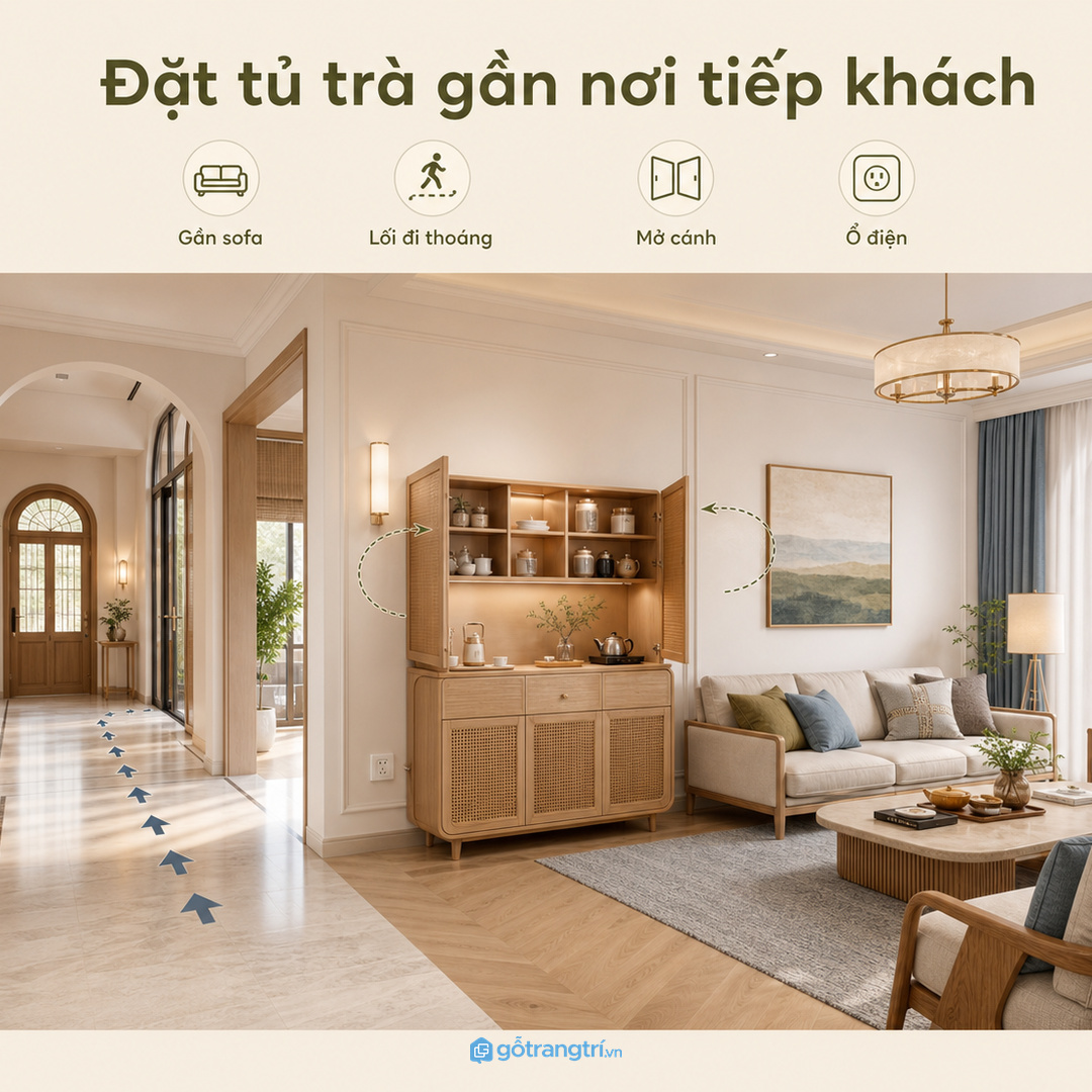 Đặt tủ trà chiều gần nơi tiếp khách nhưng không chắn lối đi