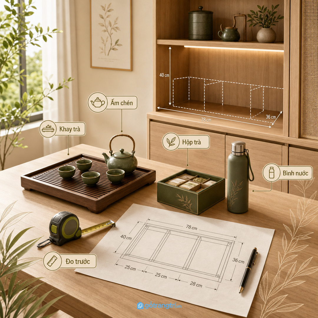 Đo khay trà, ấm chén, hộp trà và bình nước trước khi chia khoang