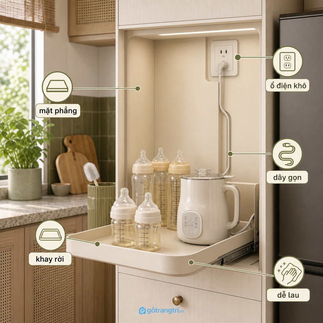 Đo bình sữa, máy hâm nước và hộp sữa trước khi chốt kích thước tủ
