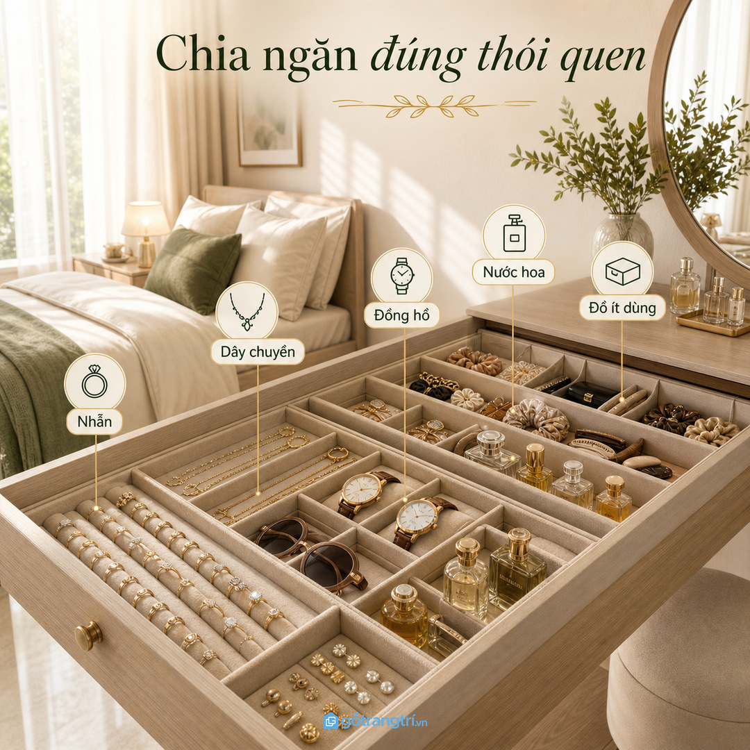 Chia ngăn theo vòng nhẫn, đồng hồ, nước hoa và đồ ít dùng