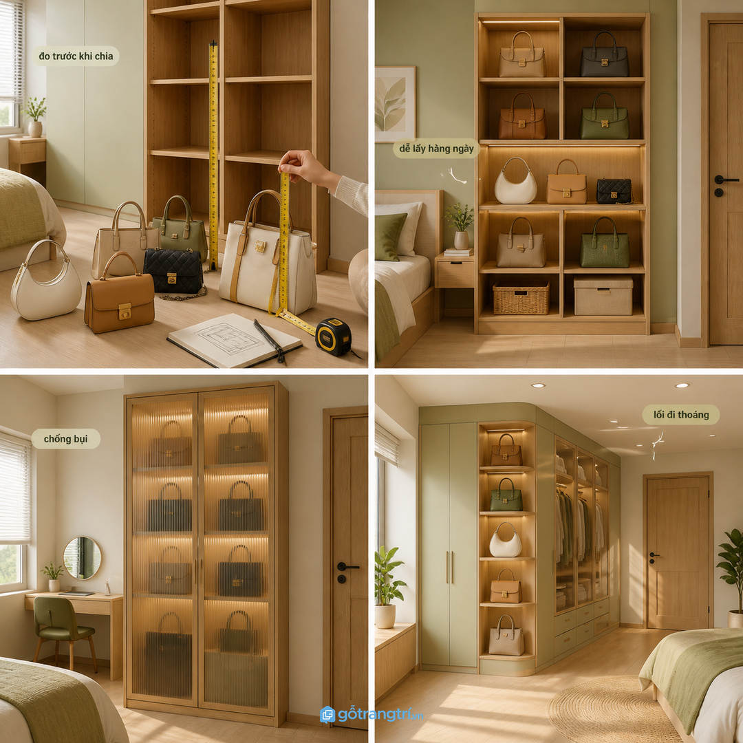 Đo chiều cao túi, quai túi và hộp chống bụi trước khi chia khoang