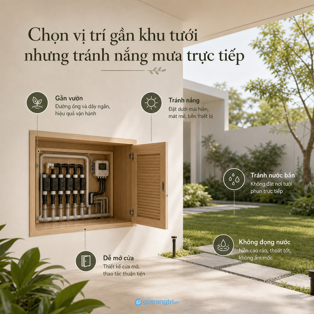 Tủ tưới tự động nên gần khu vườn nhưng tránh nắng mưa trực tiếp