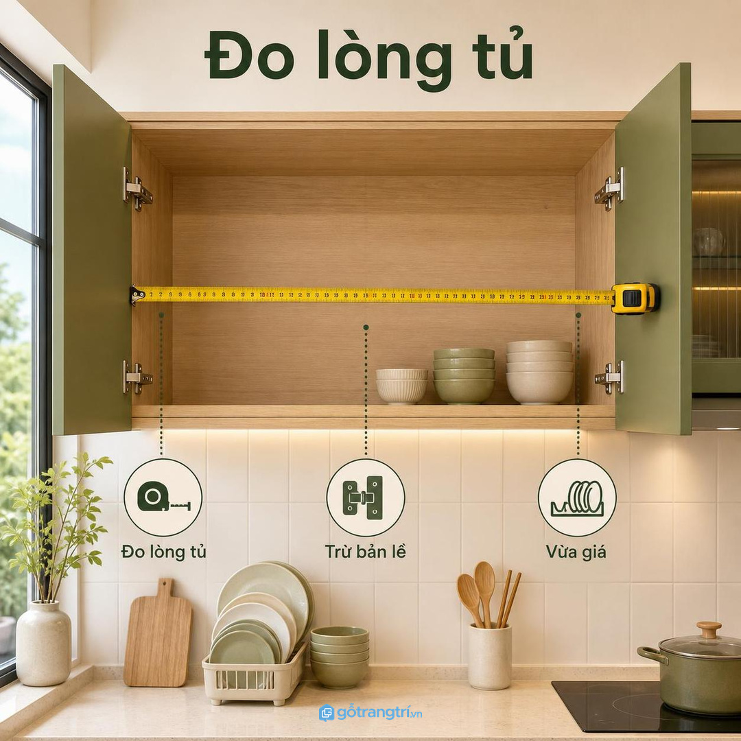 Đo lòng tủ, bản lề và khoảng mở trước khi lắp giá bát nâng hạ