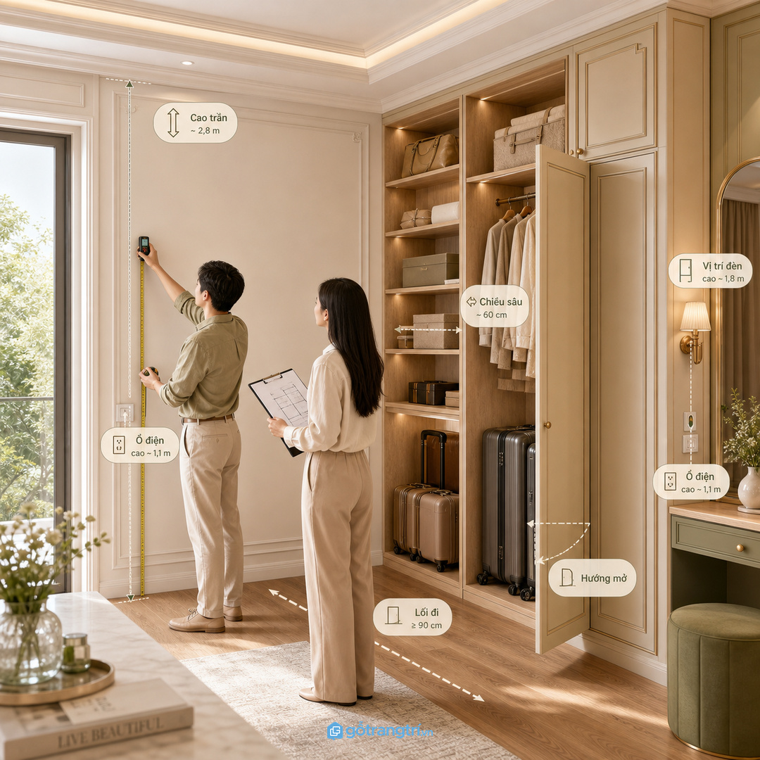 Đo chiều sâu và hướng mở trước khi làm tủ vali