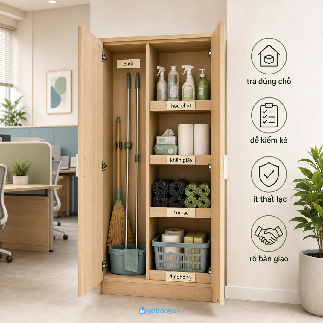 Đo chiều cao chổi lau, cây lau sàn và xô trước khi chia khoang tủ