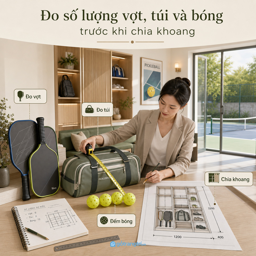Đo vợt túi bóng giày và khăn trước khi chốt kích thước tủ