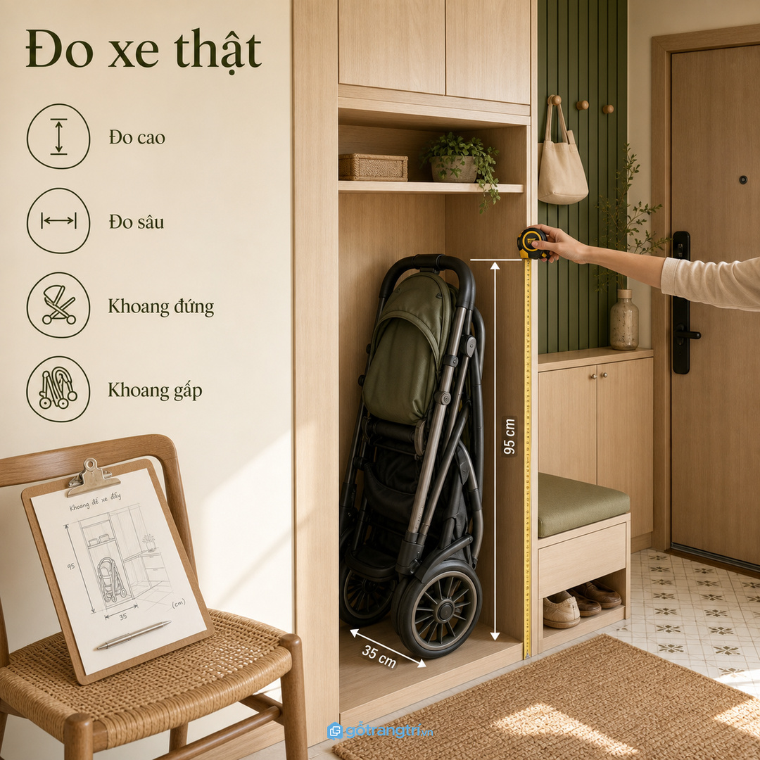 Đo xe thật, chiều sâu tủ và khoảng mở cánh trước khi đặt làm