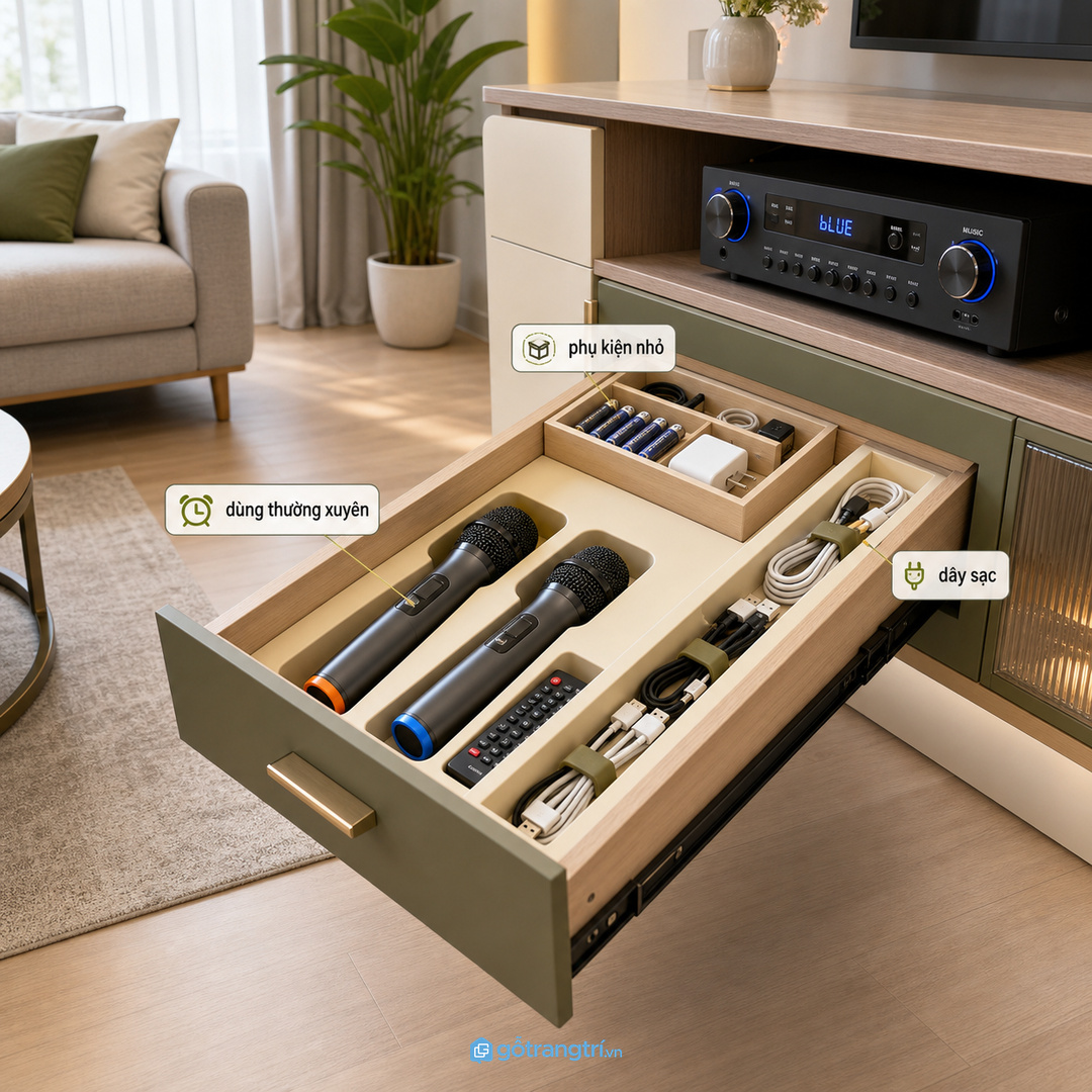 Chia khoang micro, dây sạc, remote và phụ kiện theo tần suất dùng