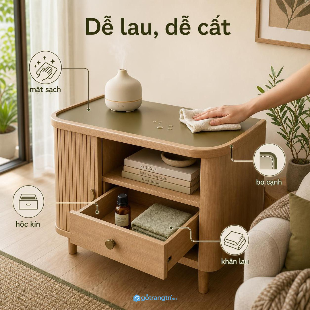 Chọn kệ có mặt chống ẩm nhẹ và khoang giấu phụ kiện