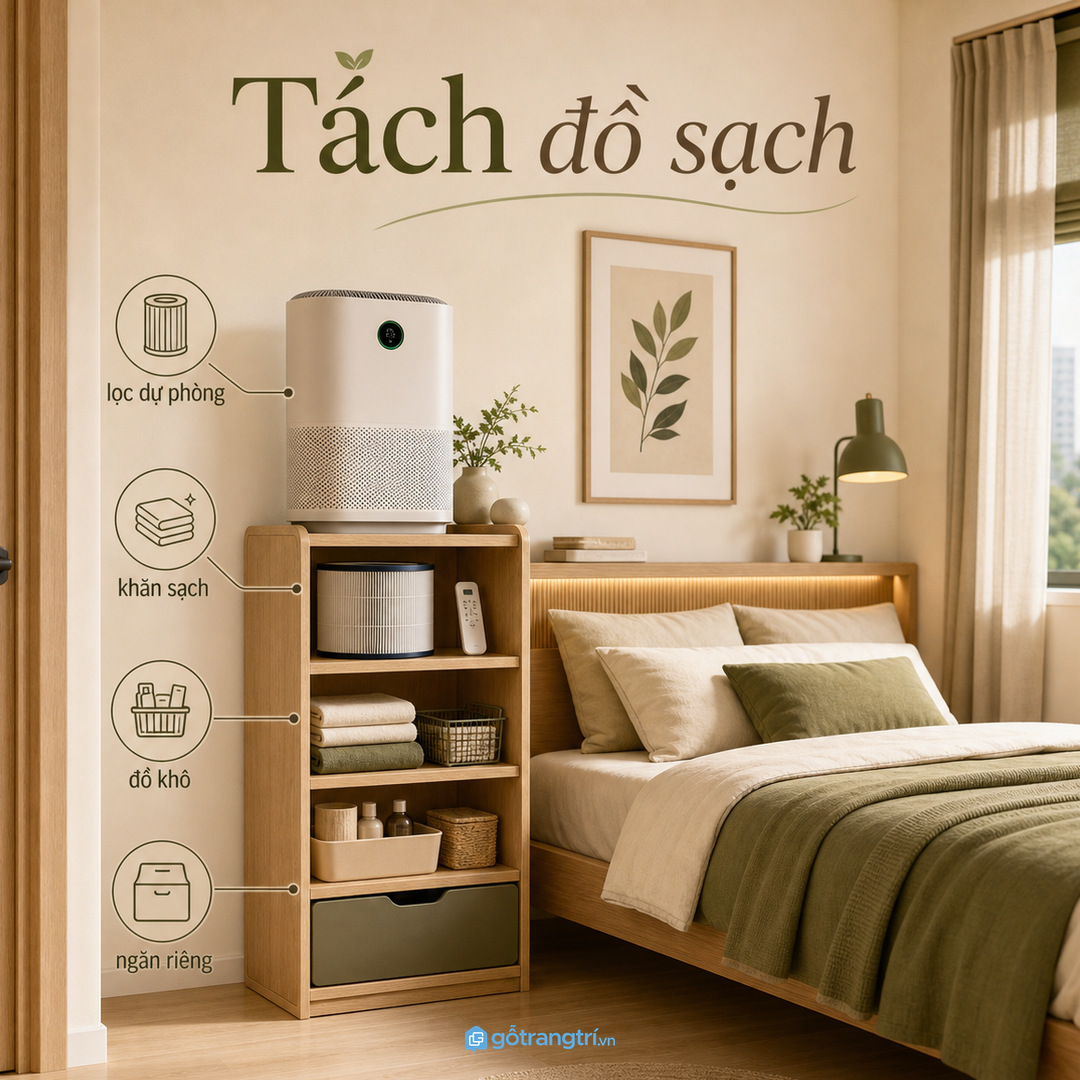 Tủ thấp kín vừa đủ giúp phòng ngủ gọn và dễ lau hơn