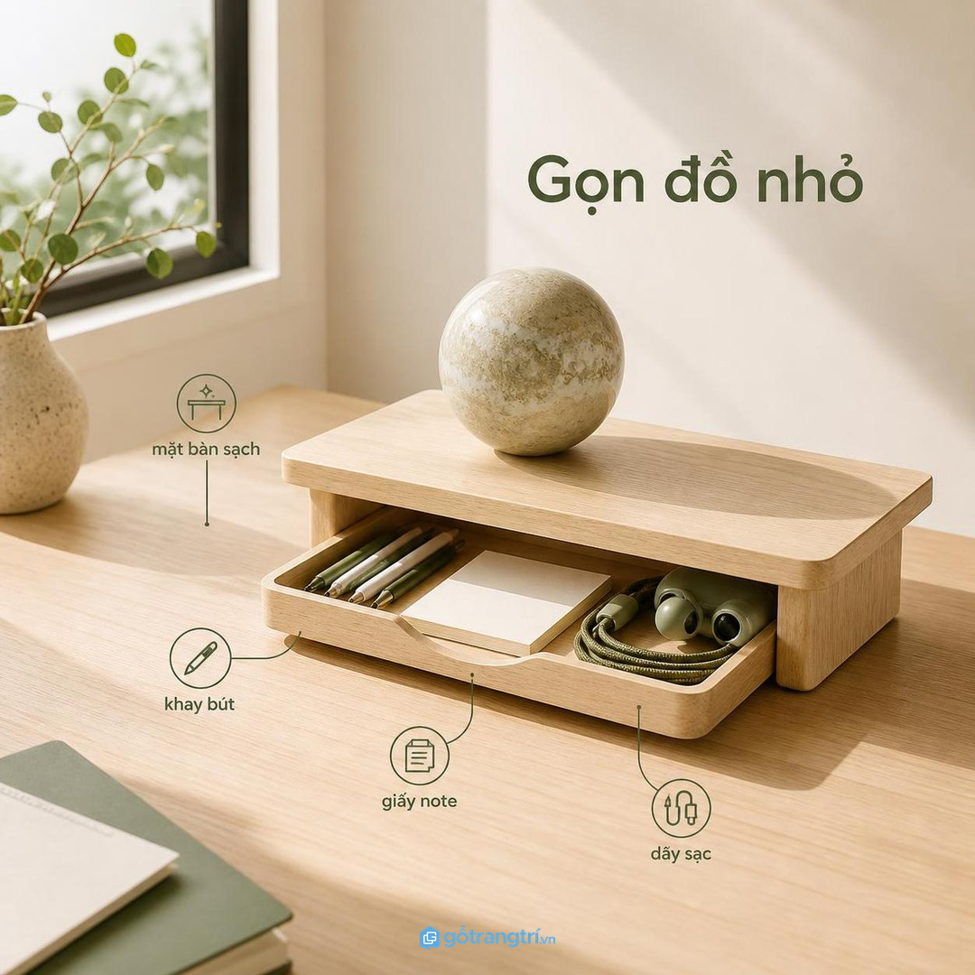 Kệ có hộc nhỏ giúp gom bút giấy note dây sạc và giữ mặt bàn sạch