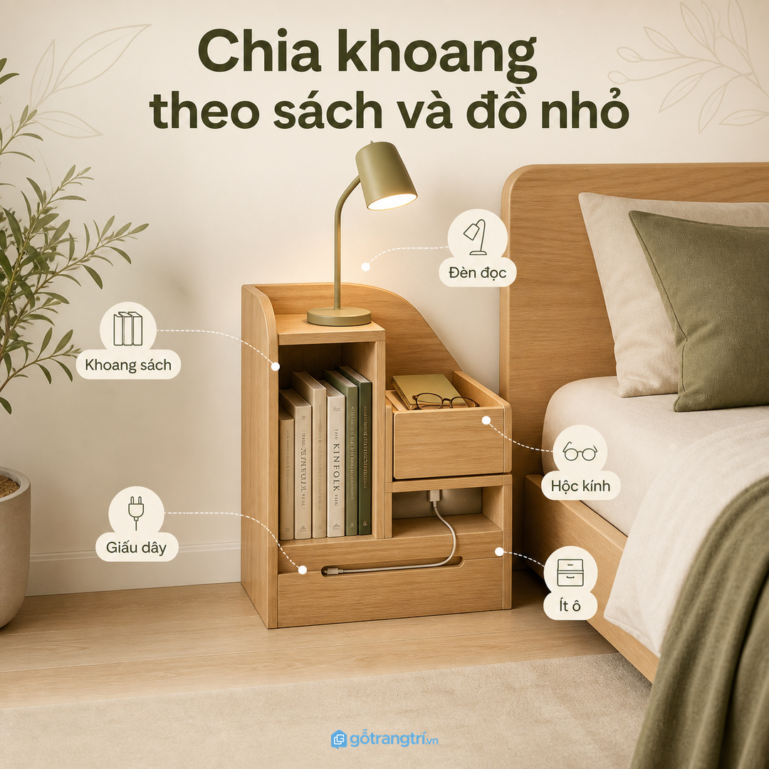 Chia khoang cho sách kính sổ tay dây sạc và món dùng hằng đêm