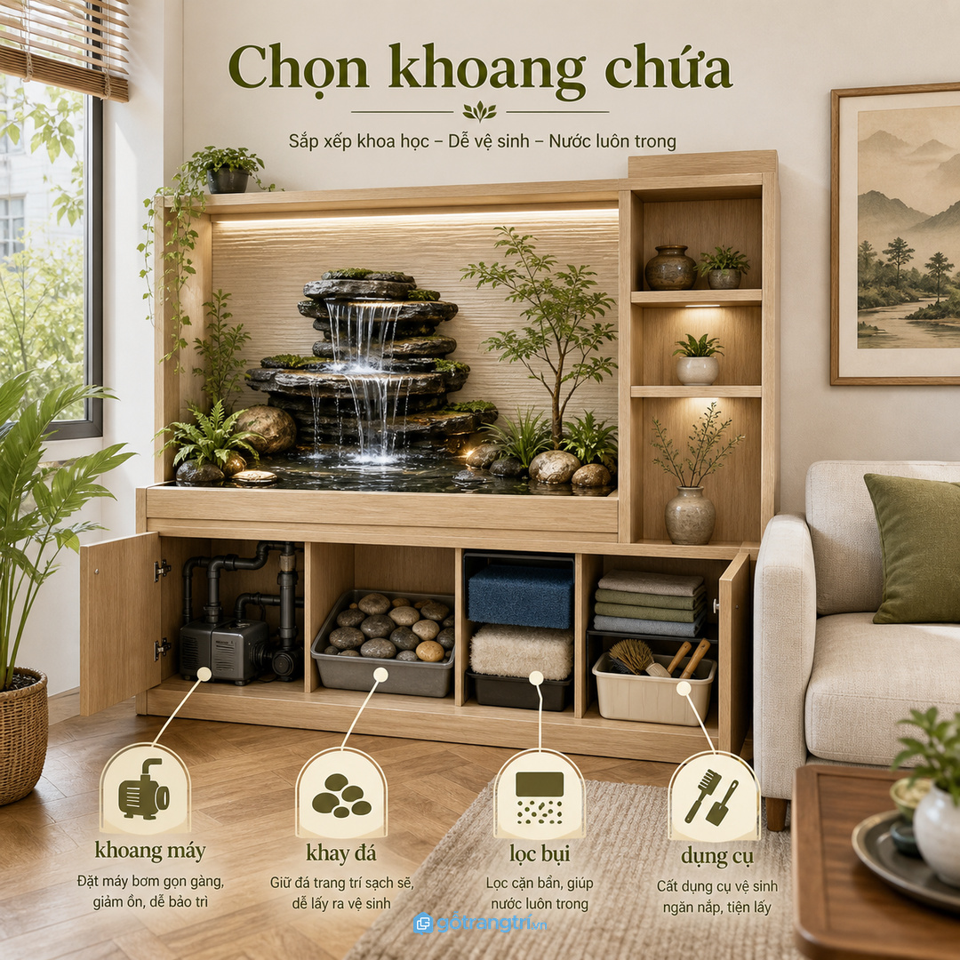 Khoang chứa máy bơm và phụ kiện giúp chăm kệ nhẹ hơn