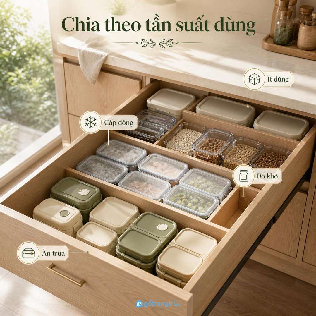 Chia hộp nhựa theo tần suất dùng giúp thao tác nấu ăn nhanh hơn