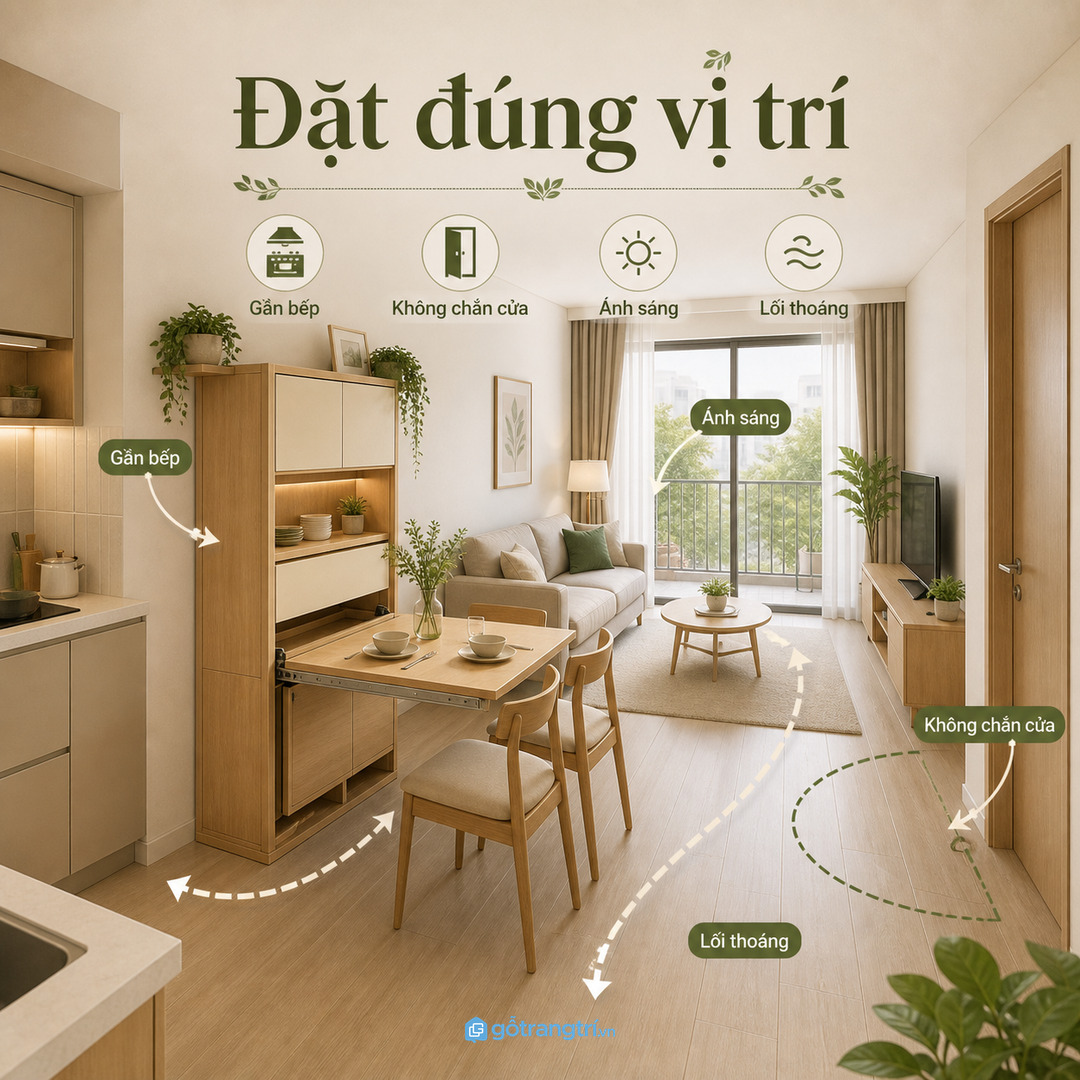 Vị trí tủ bàn ăn nên gần bếp nhưng không chắn cửa, sofa hay ban công