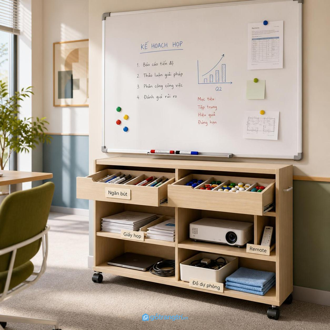 Chia khoang theo bút, giấy họp, remote và đồ dự phòng giúp mọi người trả đúng chỗ