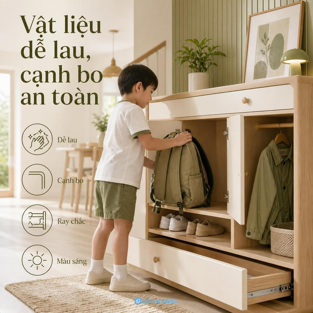 Kết hợp hộc cặp, hộc giày và móc áo khoác để sáng lấy nhanh
