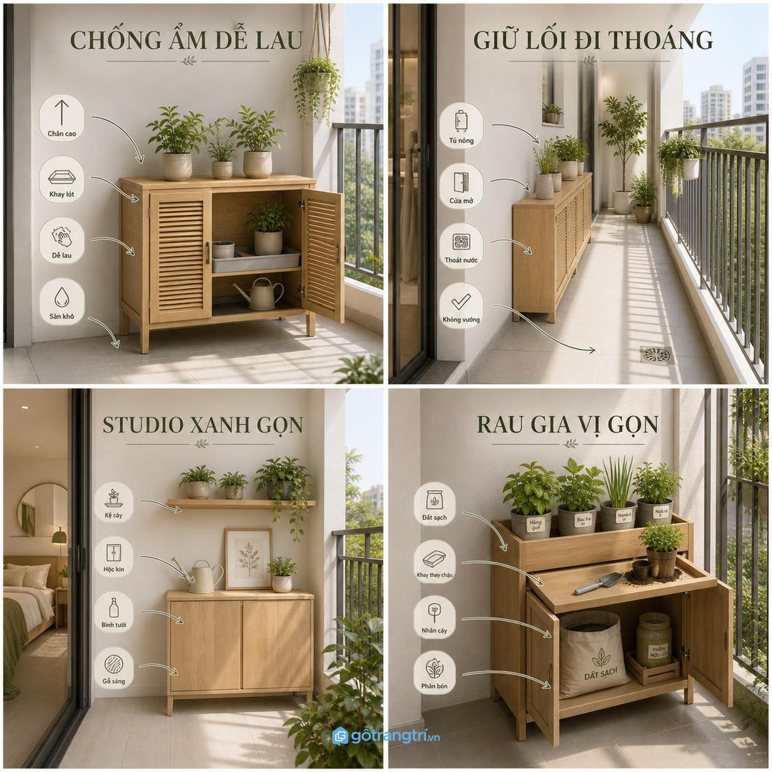 Vật liệu chống ẩm khay lót và chân tủ cao giúp logia dễ lau hơn