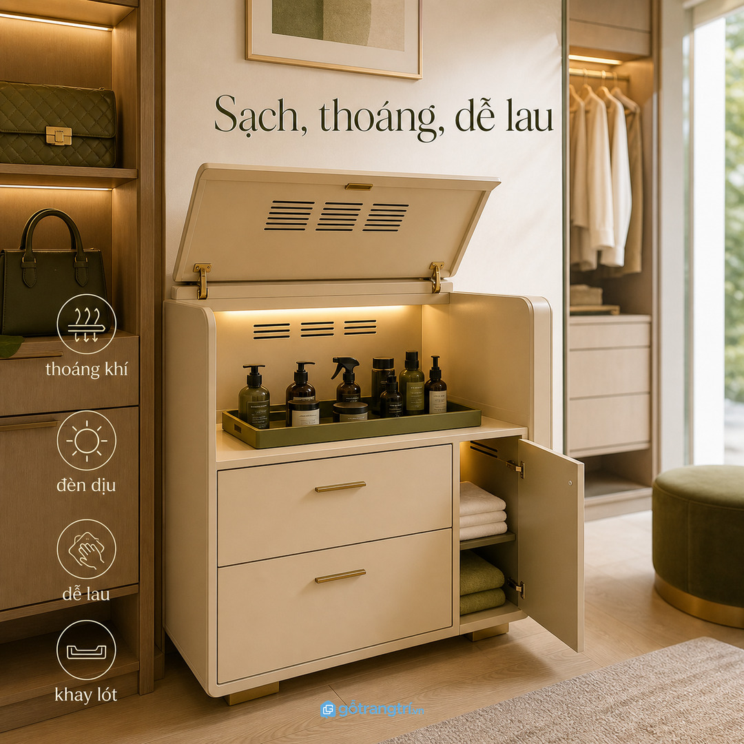 Thông thoáng ánh sáng dịu và bề mặt dễ lau giúp tủ chăm đồ da sạch lâu