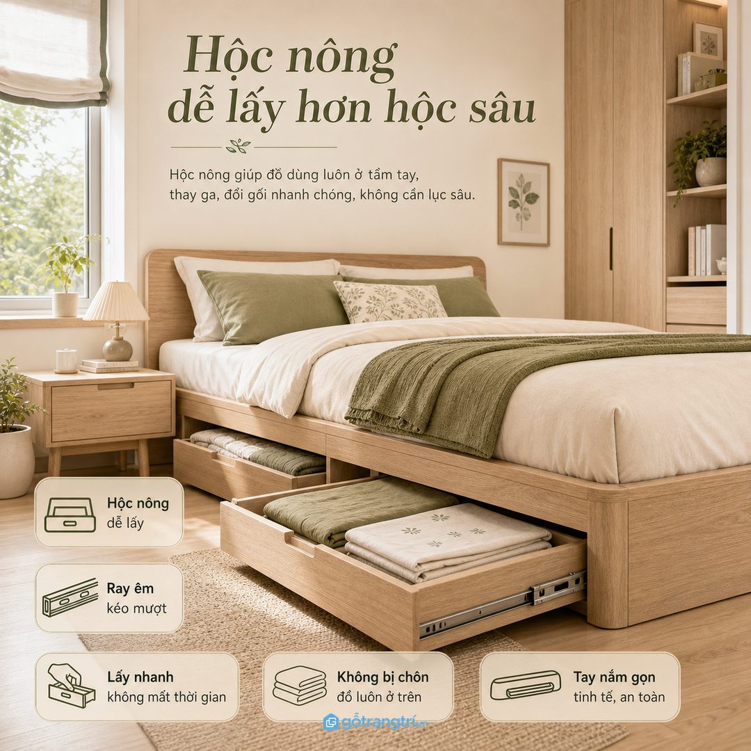 Hộc nông ray êm giúp lấy chăn ga nhanh hơn hộc sâu