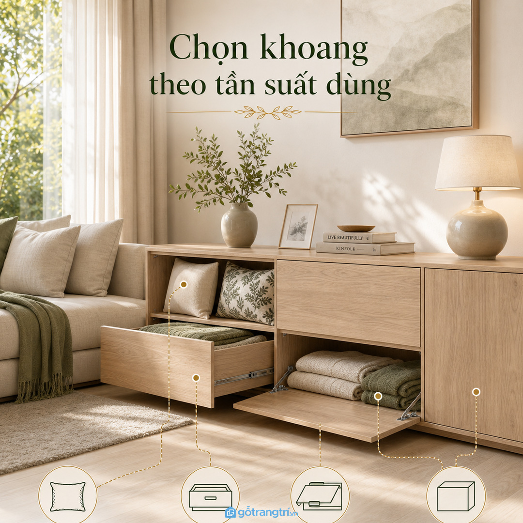 Chọn hộc kéo, cánh lật hoặc khoang mở theo tần suất dùng