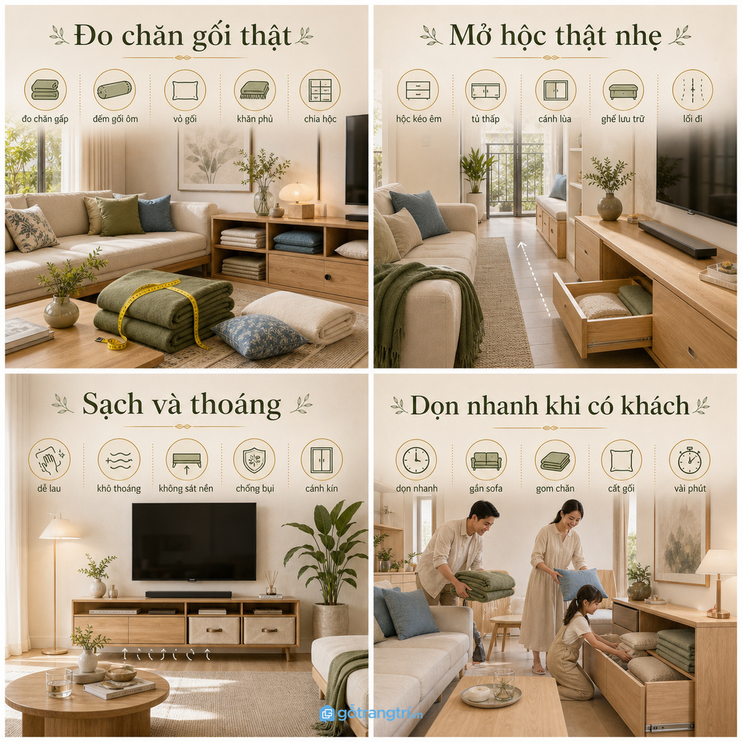 Chọn hộc kéo, tủ thấp hoặc băng ghế lưu trữ theo thói quen dùng sofa