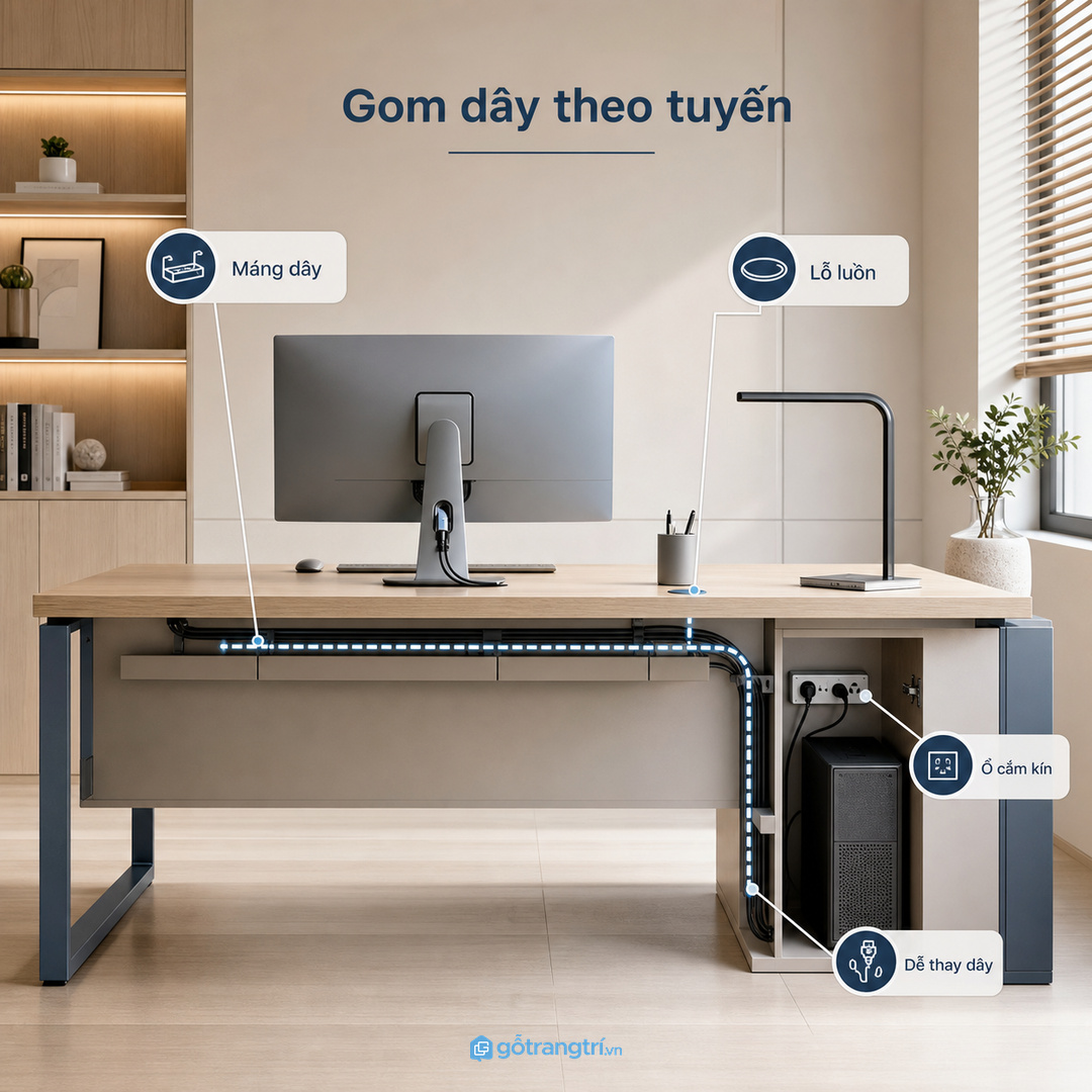Gom dây theo tuyến giúp mặt bàn và gầm bàn sạch hơn