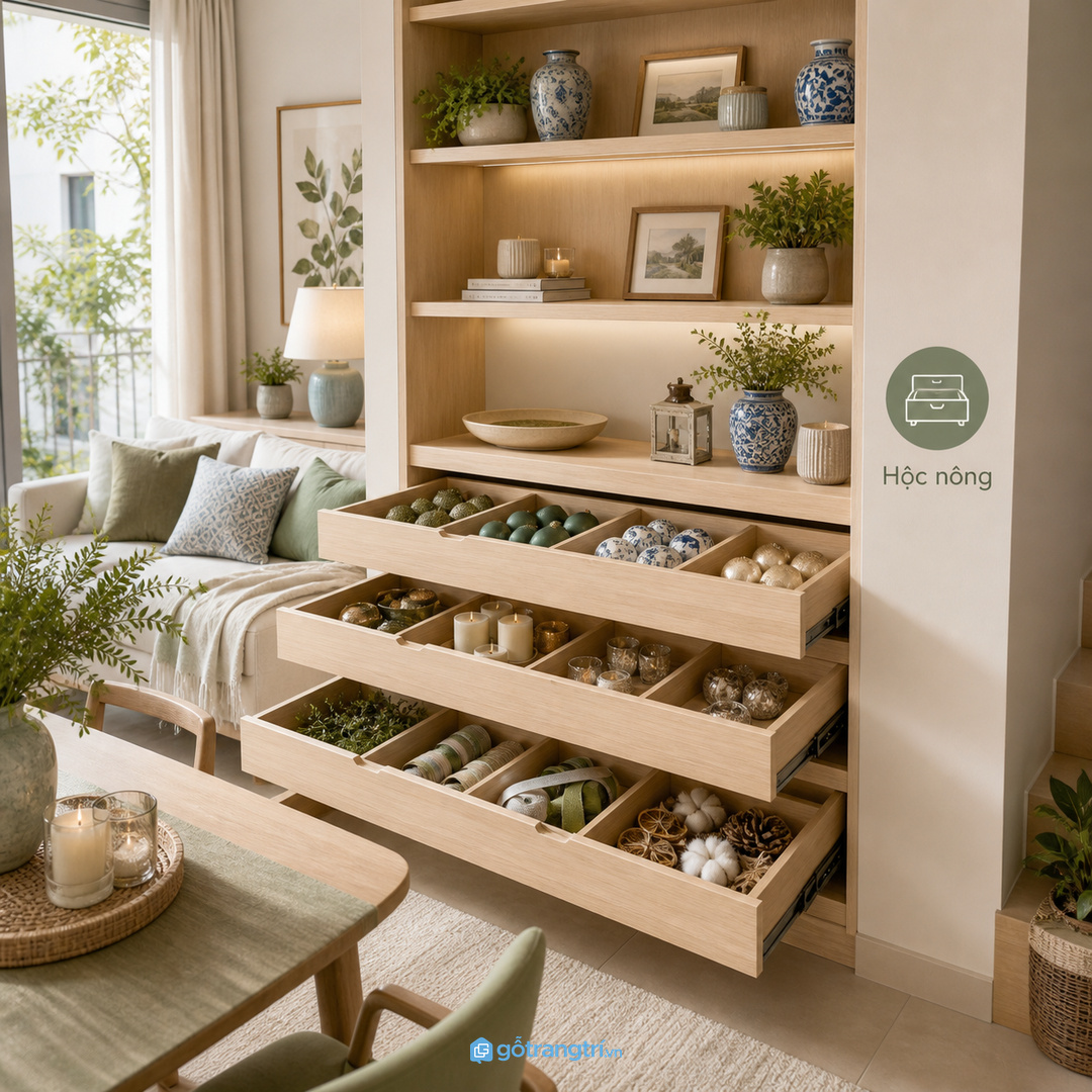 Tủ decor đặt gần lối vào hoặc phòng khách cần giữ lối đi thật thoáng