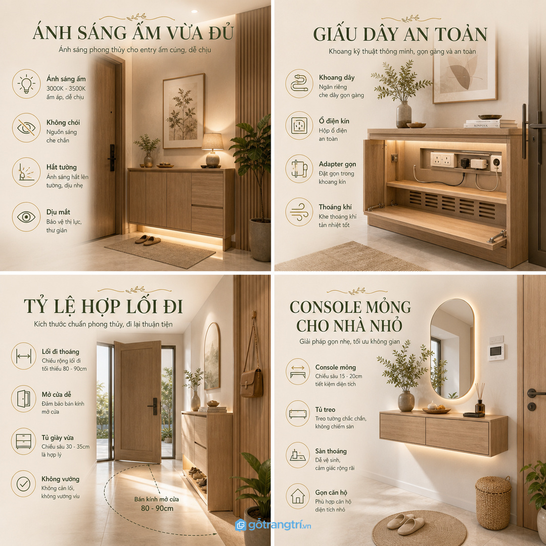 Ánh sáng ấm vừa đủ giúp khu cửa dịu hơn khi về nhà