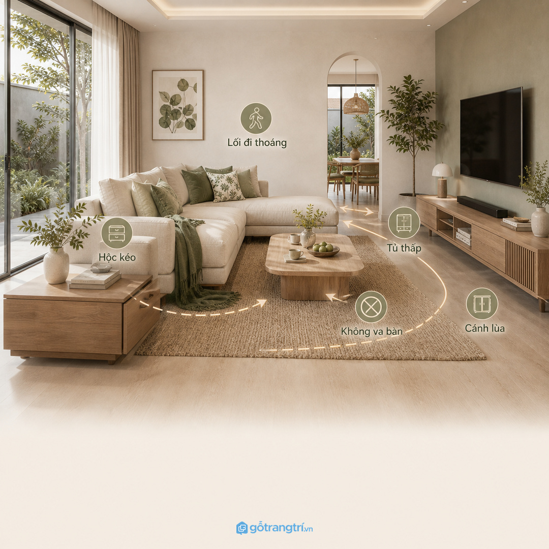 Chọn hộc kéo cánh lùa hoặc tủ thấp theo lối đi quanh sofa