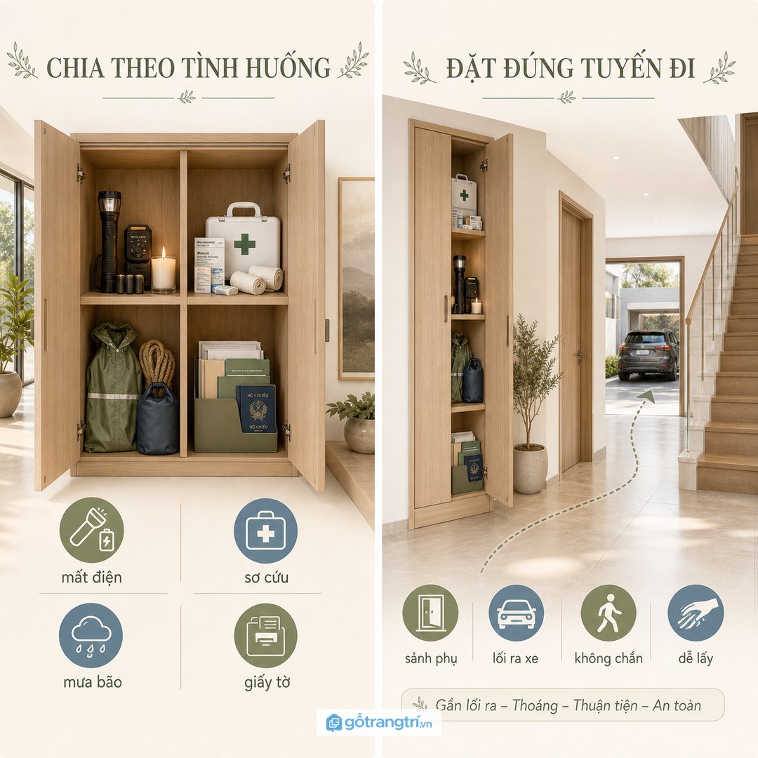 Vị trí tủ nên gần lối thoát sảnh phụ hoặc cầu thang nhưng không cản sinh hoạt