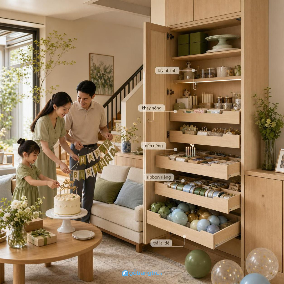 Khay nông và ngăn riêng giúp cả nhà lấy phụ kiện sinh nhật nhanh hơn