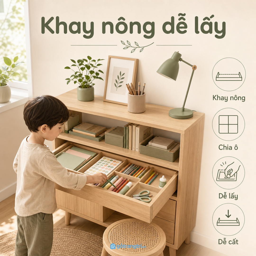 Chia ngăn theo nhóm vật liệu giúp trẻ dễ tự lấy và tự cất lại sau khi làm đồ