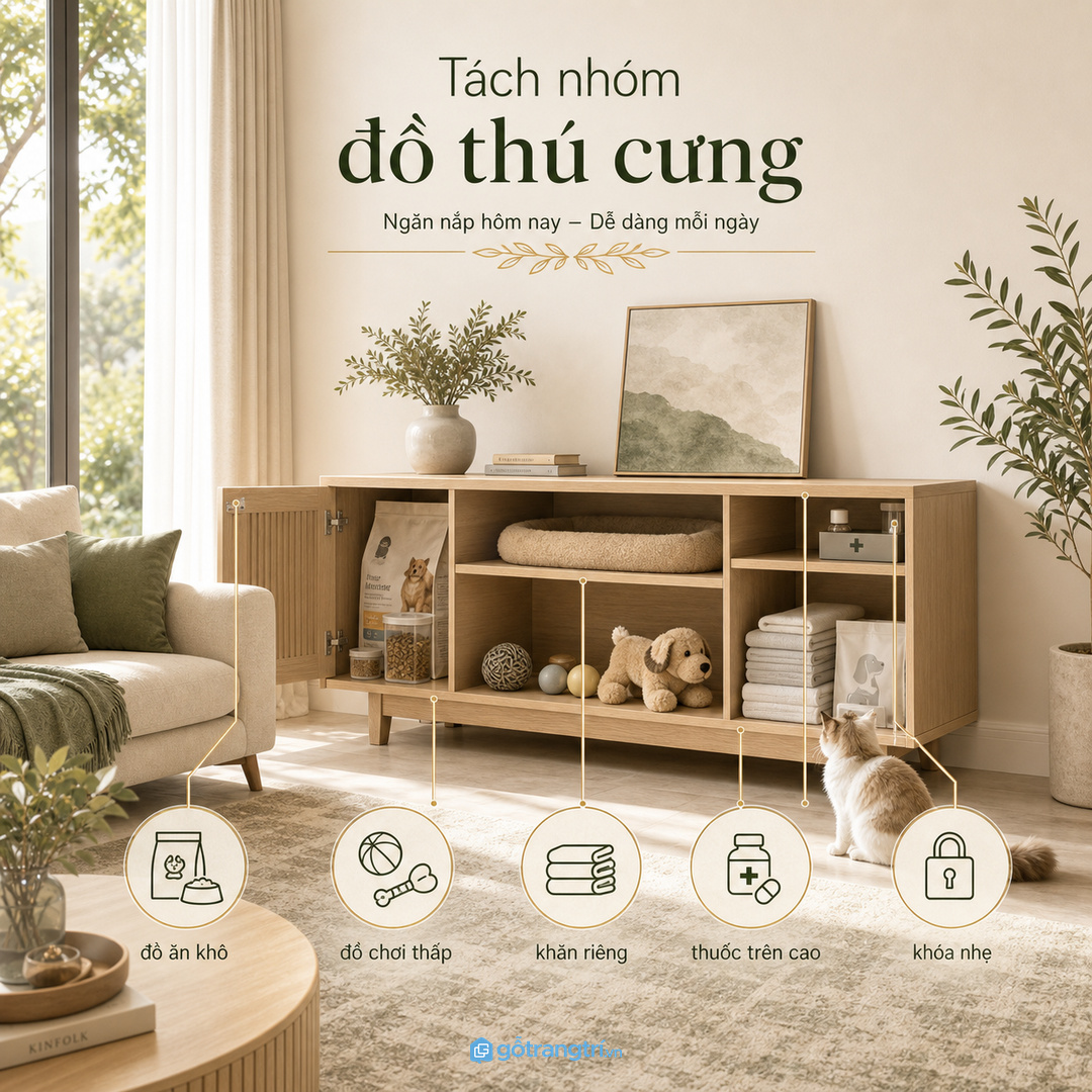 Tách khoang đồ ăn, đồ chơi, khăn lau và thuốc chăm sóc