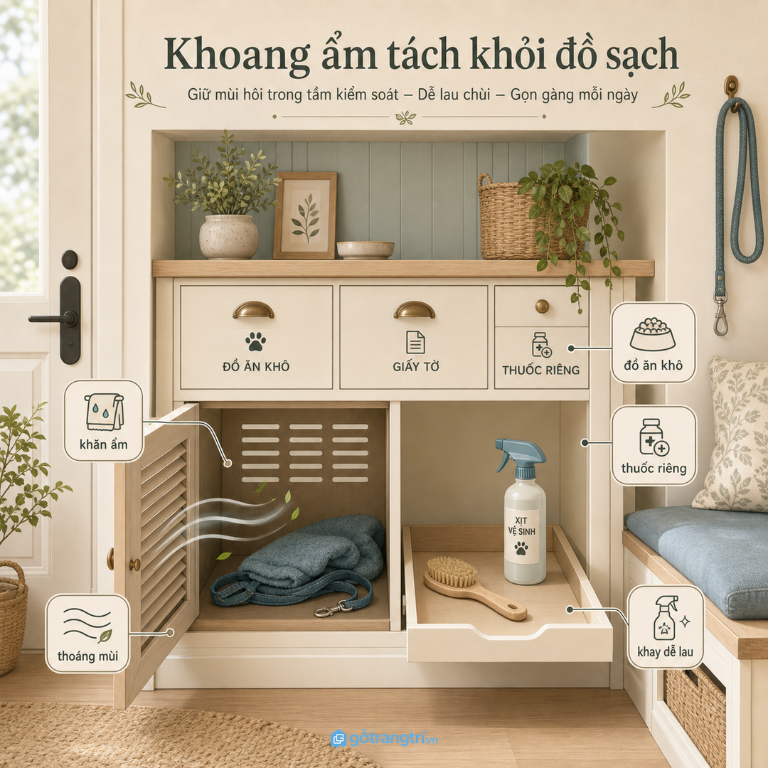 Khoang thoáng cho khăn ẩm và ngăn kín cho đồ sạch giúp tủ dùng bền hơn